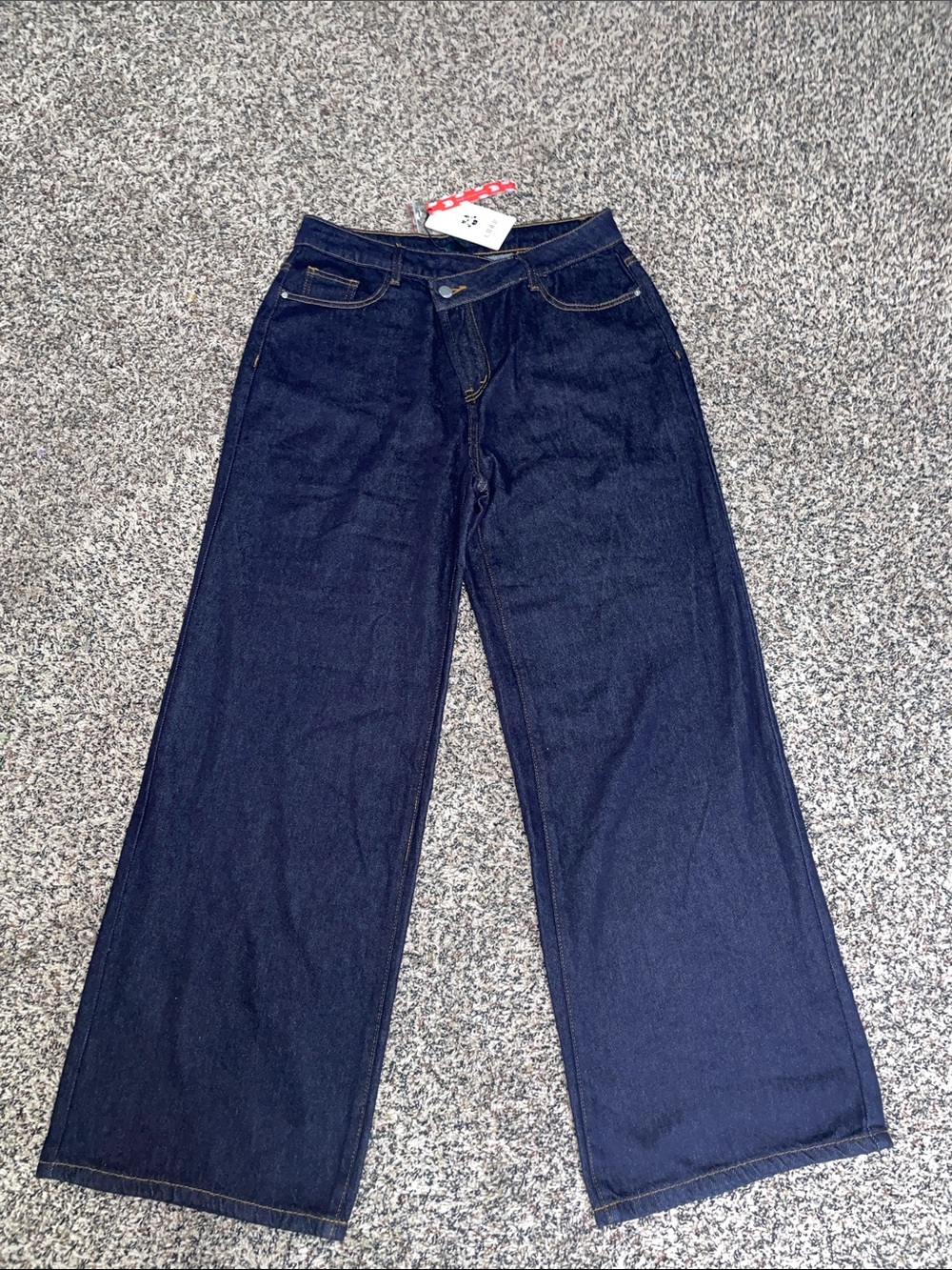 Cider Asymmetrical Waist Baggy Wide Leg Soft Denim Dark Indigo Jeans L NWT